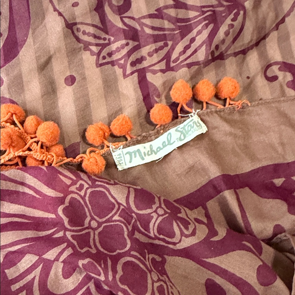 Michael Stars Purple and Tan Scarf with Orange Pompon Trim